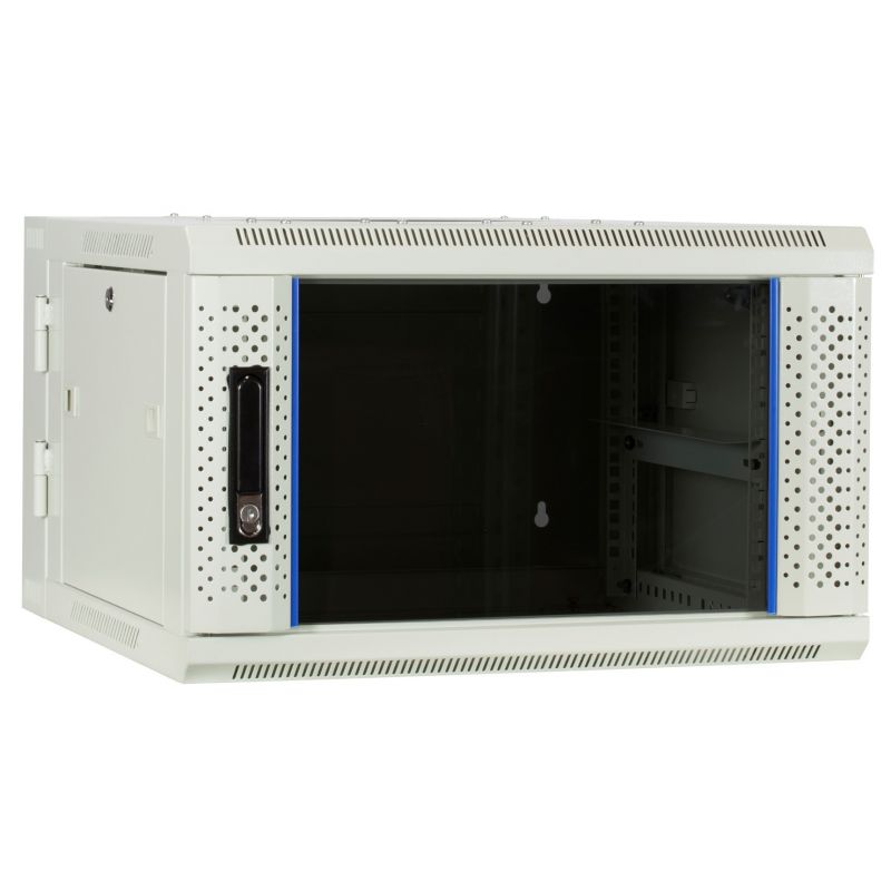 Armário de parede branco 6U (inclinável) com porta de vidro 600x600x368mm (LxPxA)
