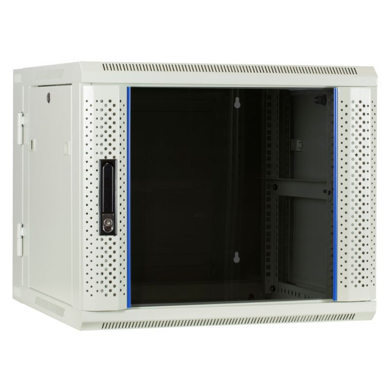 Armário de parede branco 9U (inclinável) com porta de vidro 600x600x500mm (LxPxA)