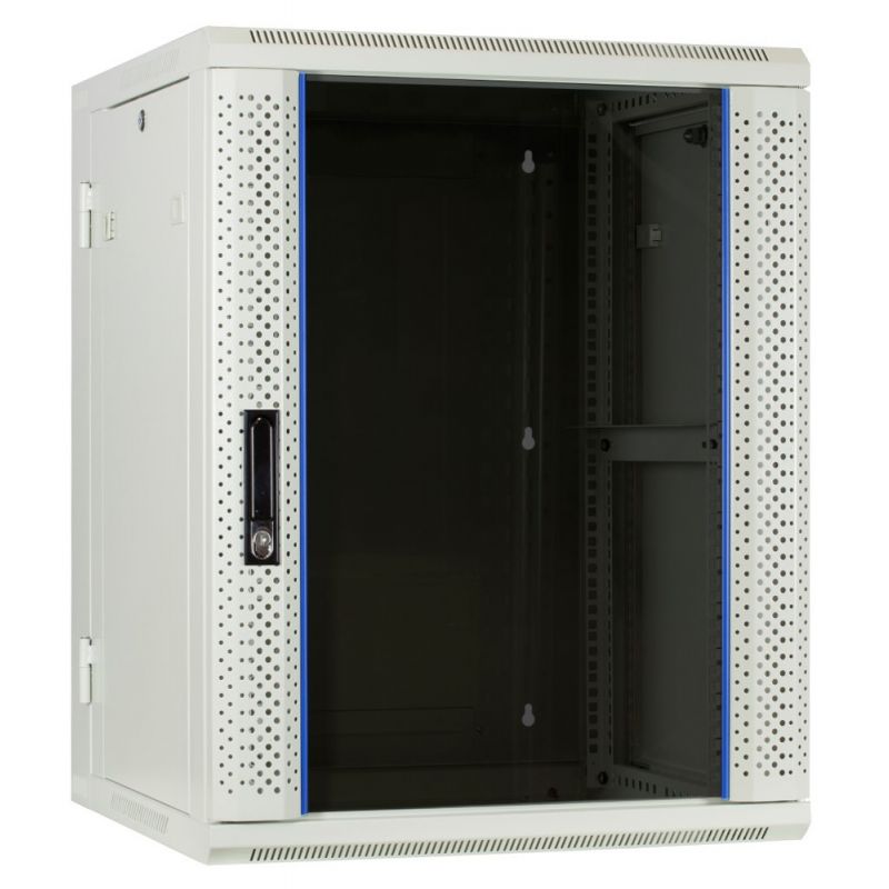 Armário de parede branco de 15U (inclinável) com porta de vidro 600x600x770mm (LxPxA)