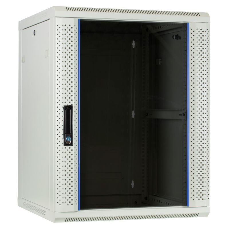 Armário de parede branco de 15U com porta de vidro, 600x600x770mm (LxPxA)