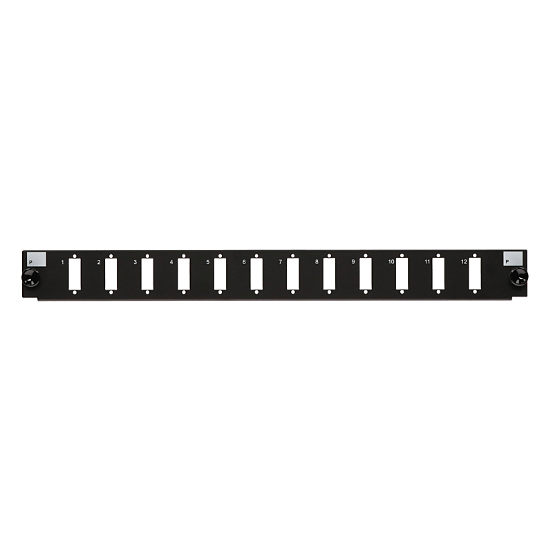 Conector frontal LC/SC de 12 portas, preto, quad/duplex, adequado para bandeja de fibra universal.