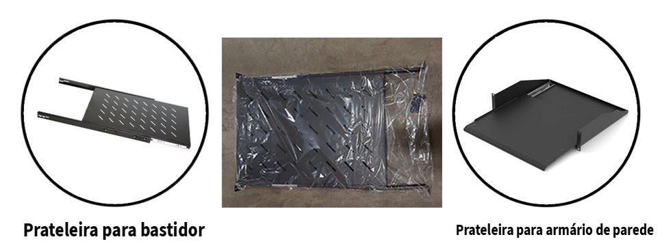 Prateleiras extensíveis para armário de servidor e armário de parede.